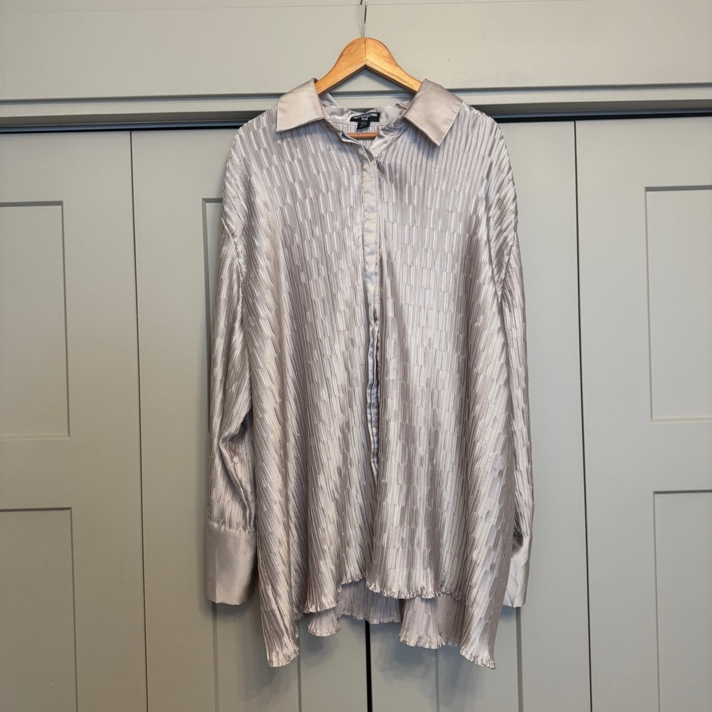 PrettyLittleThing Plissé Satin Button Down | Oversized Oatmeal Blouse | US 12